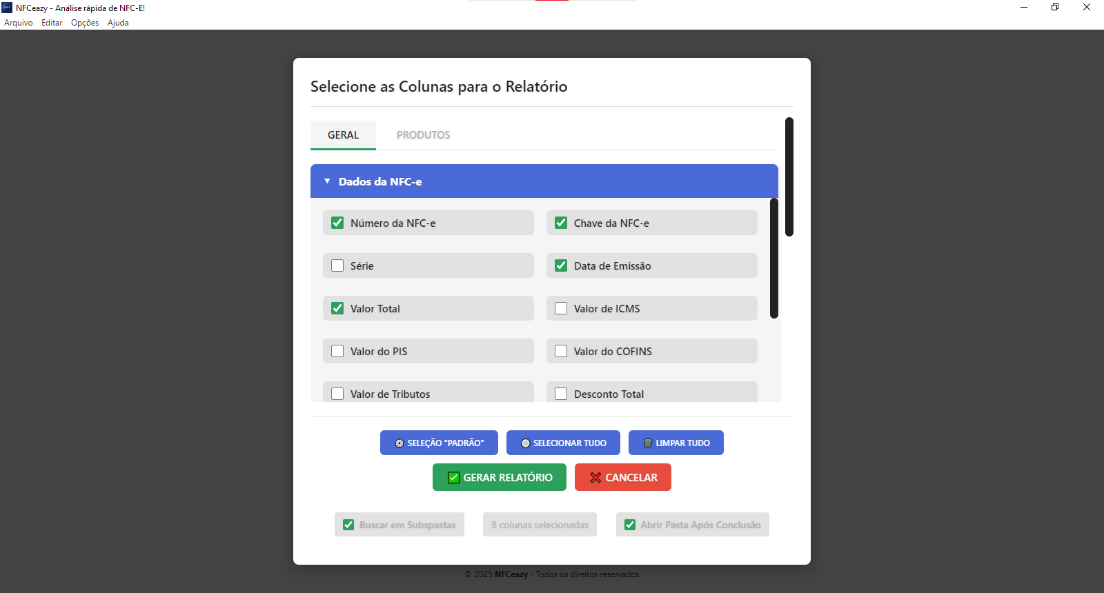 Modal de seleção de colunas